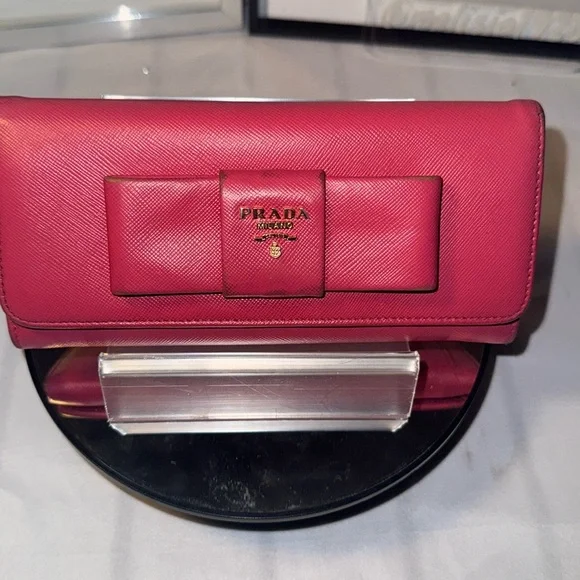 Authentic PRADA Saffiano Leather Fiocco Long Wallet Fuchsia GUC